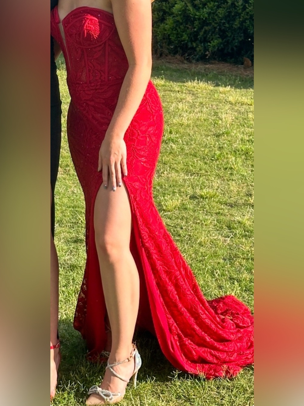 Strapless Red Lace Prom Gown with High Side Slit